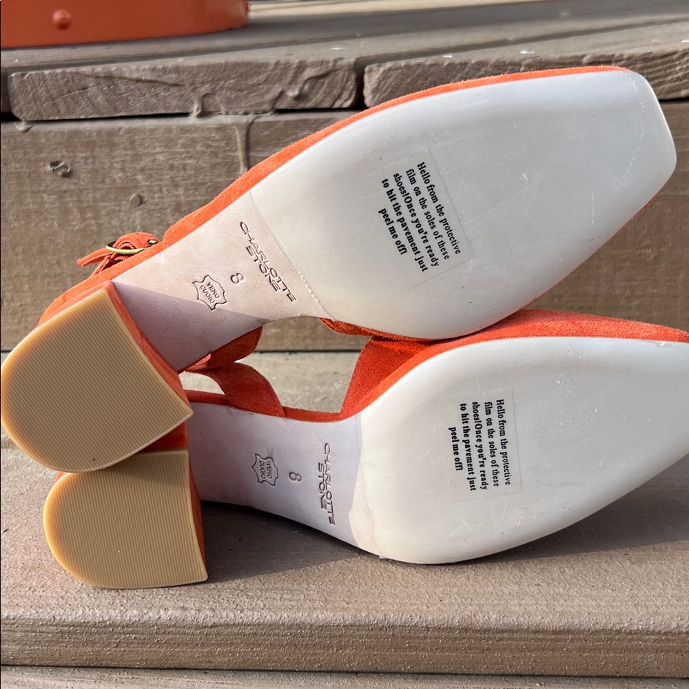 Charlotte Stone Bright Orange Suede Square-Toe Slingbacks - Picture 4 of 6